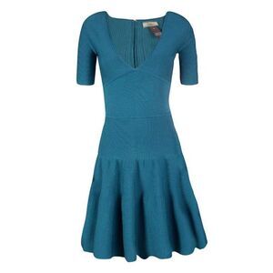 Issa London Teal Blue Rib Knit V-Neck Plunge Bandage Flared Skirt Dress M